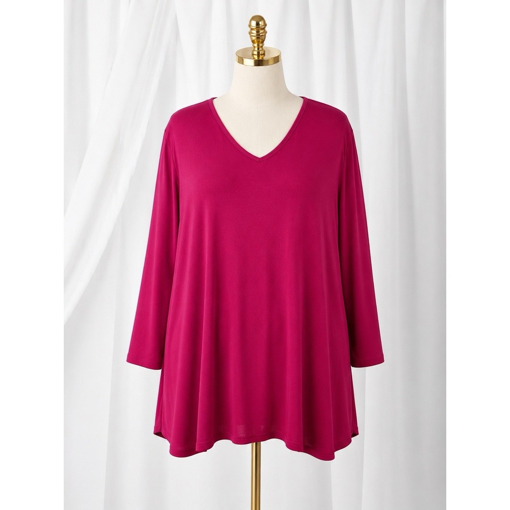 Susan Graver Liquid Knit Tunic Top Stretch Asymmetrical Hem Bright Pink Size XL